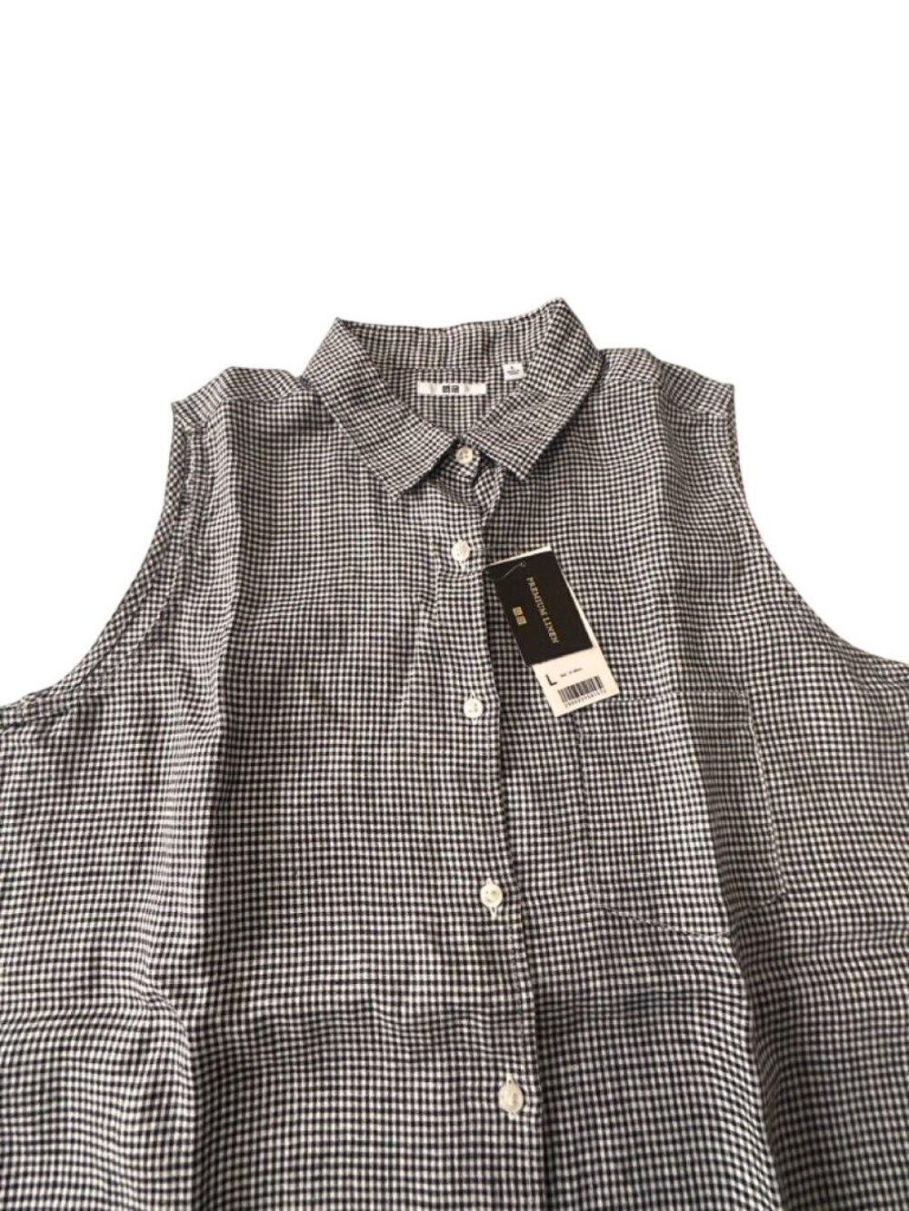 Uniqlo Premium Linen Sleeveless Shirt,  L, NWT, Black/White Gingham Check - Picture 8 of 10